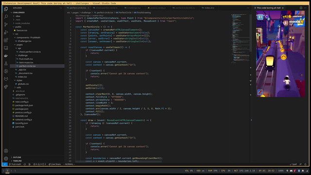 Visual Studio Code with a Subway Surfers video playing on the right side of the window. This is opened natively within Visual Studio Code to make the code less boring ah hell skull emoji